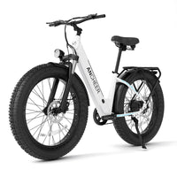 Electric Connection Peak 1000W electric bike with fat tires, 7-speed gears, rear rack, 26-inch wheels, and 48V battery for adults.