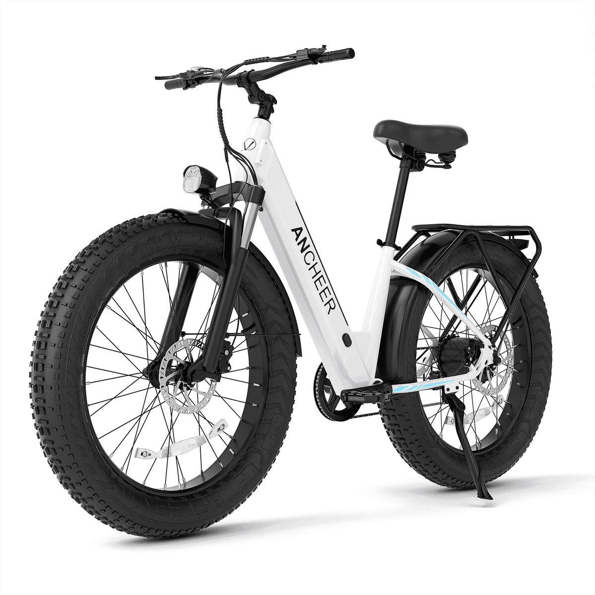 Electric Connection Peak 1000W electric bike with fat tires, 7-speed gears, rear rack, 26-inch wheels, and 48V battery for adults.