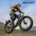 Electric Connection Peak 1000W electric bike with fat tires, 7-speed gears, rear rack, 48V battery, 26-inch wheels, mountain bike design.