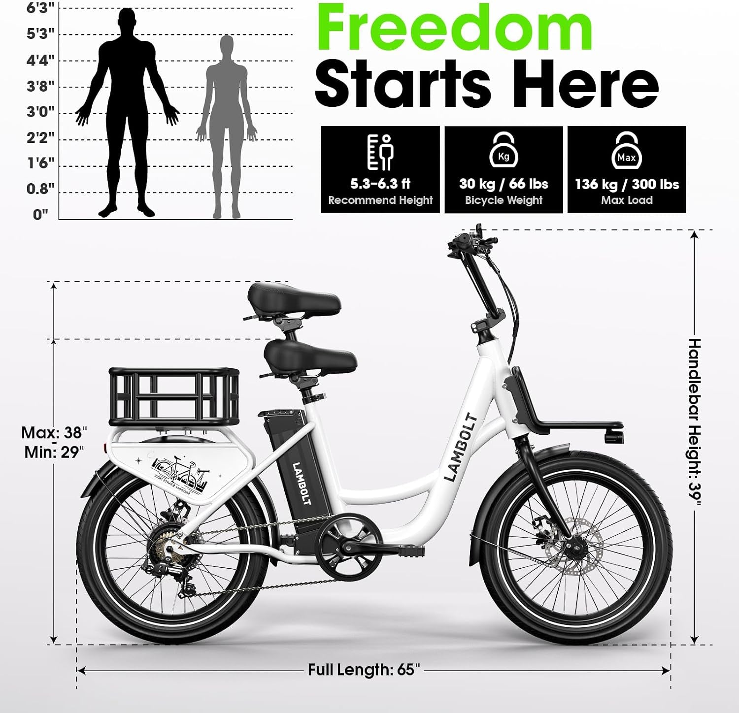 Electric Bike for Adults - 1000W Peak Motor Ebike with 48V15Ah Removable Battery, 20" X 3.0 Fat Tire Step-Thru 7-Speed Commuter Electric Bicycle, up to 24 MPH, 70 Miles Range, UL 2849 Certified.