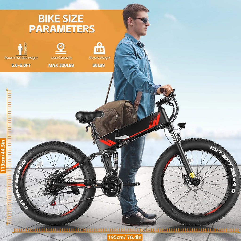 26"X4" Folding Fat Tire Electric Bike, Full Suspensions, 500W Ebike, 5 Riding Modes, 48V 10.4Ah Battery, 21 Speed, LCD, All Terrain E Bike for Adult UL2849