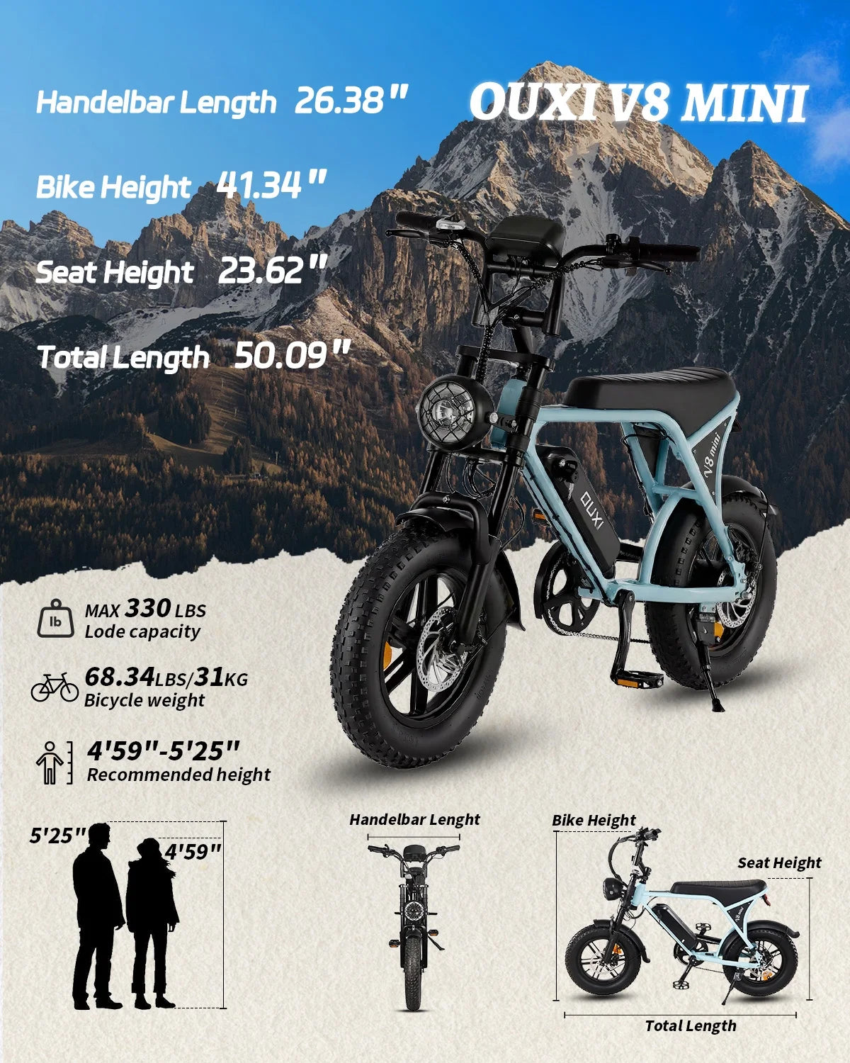 V8 Mini Electric Bike for Adults, 16" Fat Tire Ebike, 500W 20MPH Electric Bicycle, 36V 10.4Ah, E Bike UL2849
