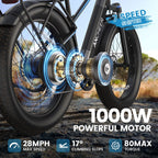 Electric Connection Peak 1000W electric bike with 26-inch fat tires, 7-speed gears, rear rack, 48V battery, and mountain bike design