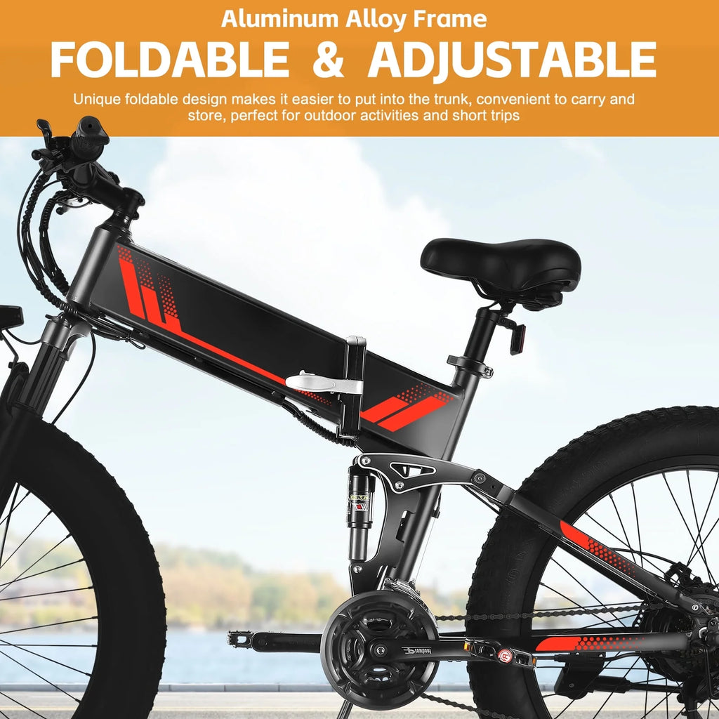 26"X4" Folding Fat Tire Electric Bike, Full Suspensions, 500W Ebike, 5 Riding Modes, 48V 10.4Ah Battery, 21 Speed, LCD, All Terrain E Bike for Adult UL2849