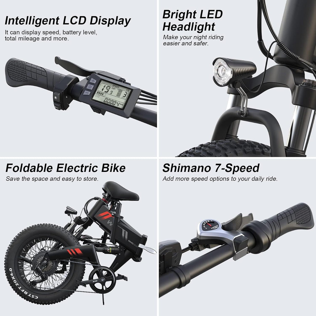 Electric Bike, 20''X4.0 Fat Tire Electric Bike for Adults | 500W Foldable Electric Bike with 48V 10Ah Battery,Professional 7 Speed,Shock Absorber, Ebike for Mountain Beach Snow