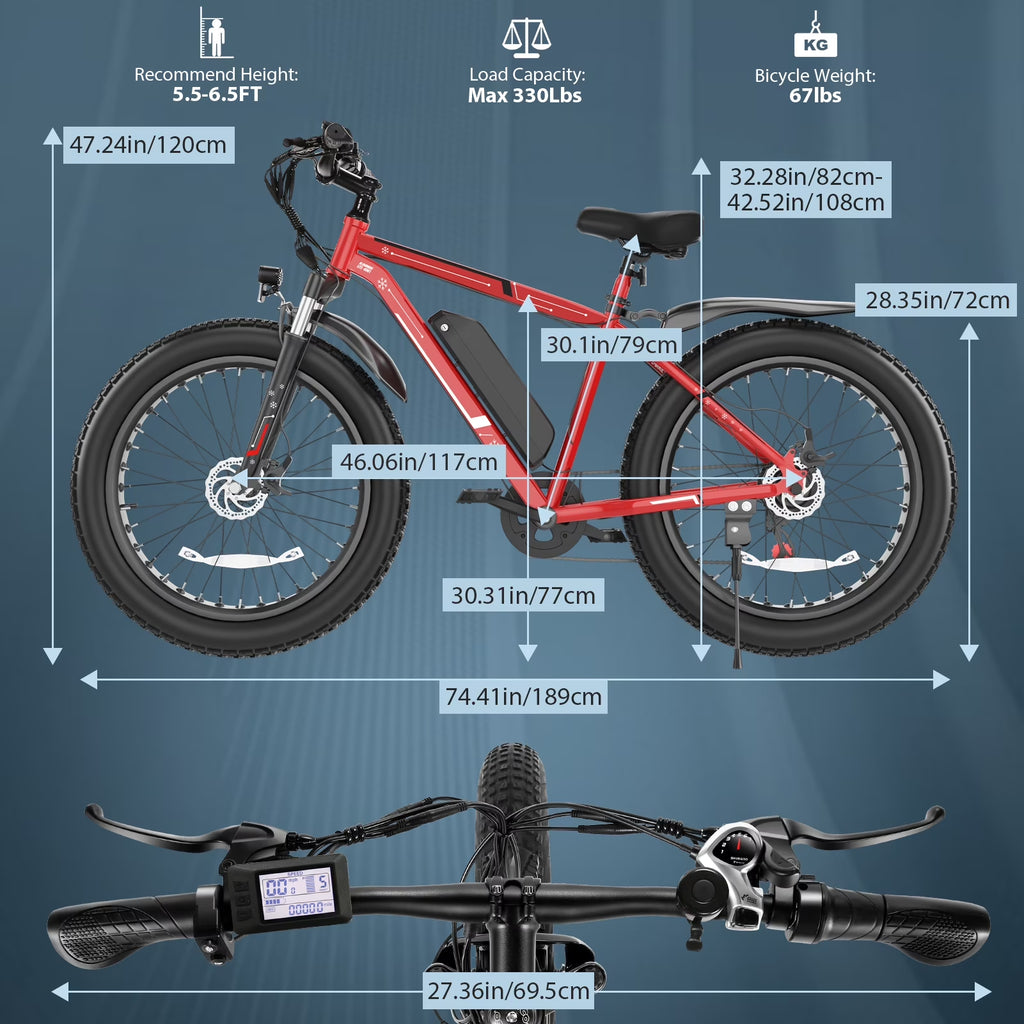 26"X4.0 Fat Tire Electric Bike, 624Wh Battery, 48V 500W Ebike Electric Mountain Bike, Cruise Control Mode, Adult E Bikes for Men, LCD Meter, 7-Speed Snow Bike Beach E-Bike for Adults UL2849