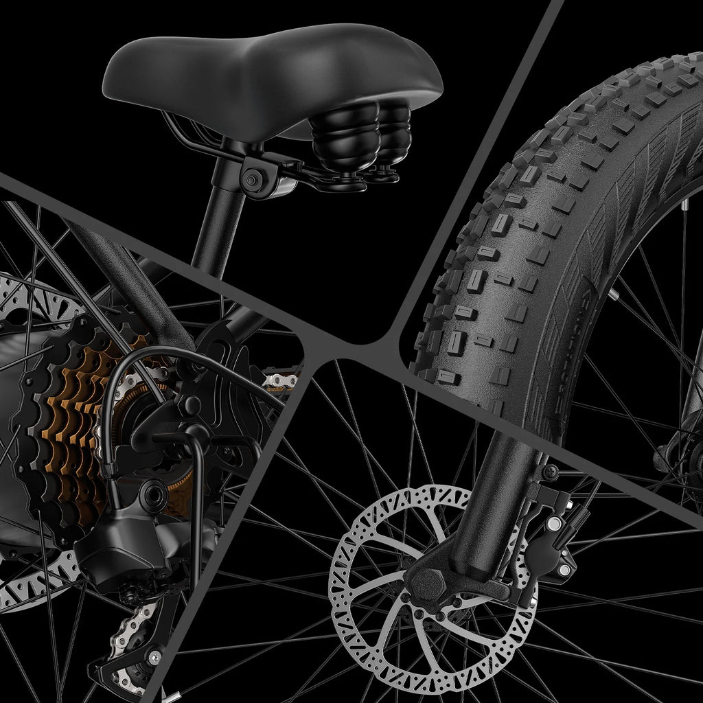 Electric Connection Peak 1000W electric bike with fat tires, 7 gears, rear rack, 26-inch wheels, and 48V battery for adults.