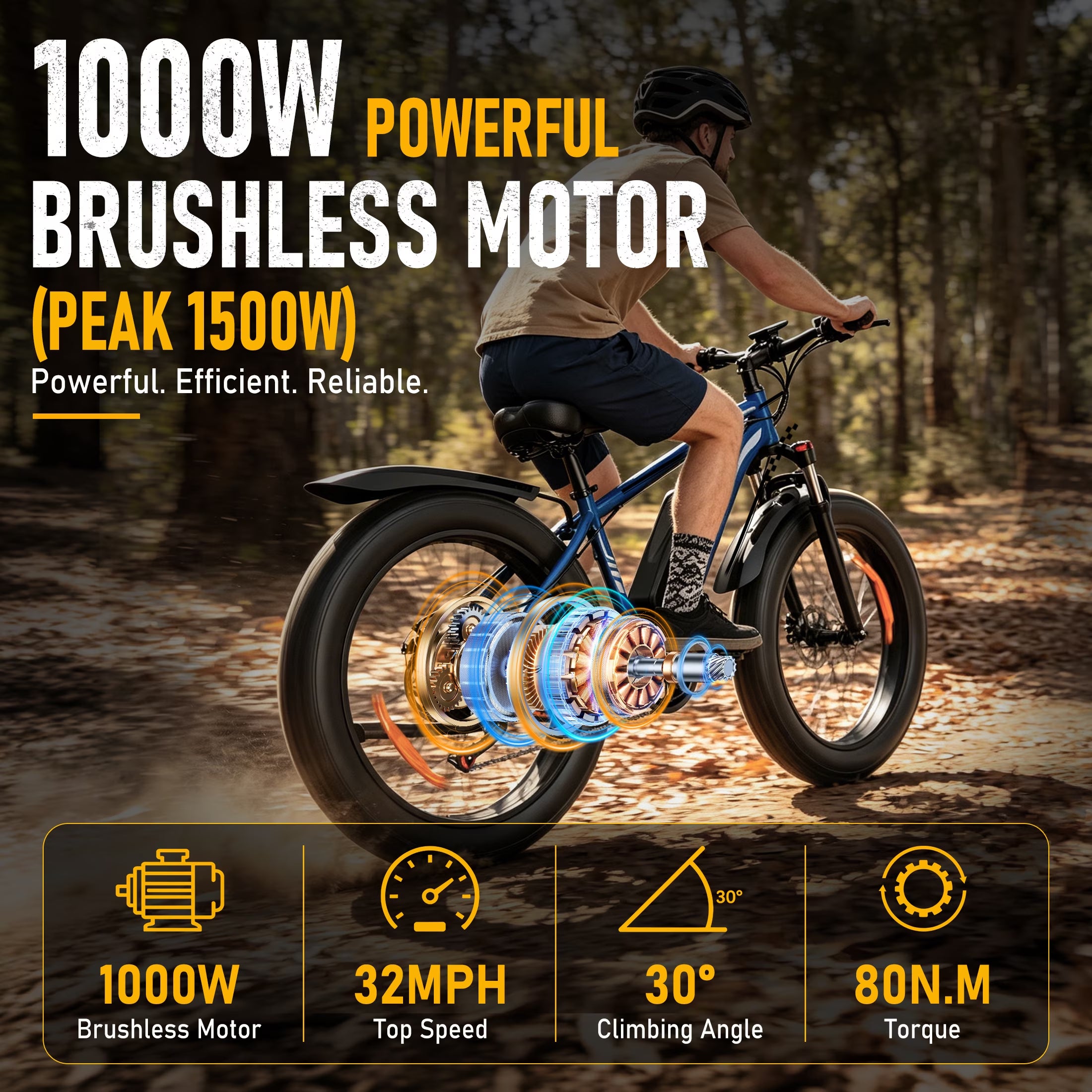 EB26 Electric Bike for Adults, Peak 1500W 48V 15Ah, 26" Fat Tire Ebike, E-Mountain Bicycle, UL2849