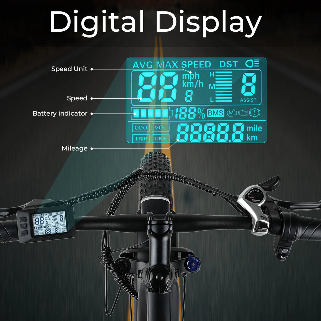 Electric Connection Peak 1000W electric mountain bike with 26" fat tires, rear rack, 7-speed gears, battery and motor visible.