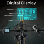 Electric Connection Peak 1000W electric mountain bike with 26" fat tires, rear rack, 7-speed gears, battery and motor visible.