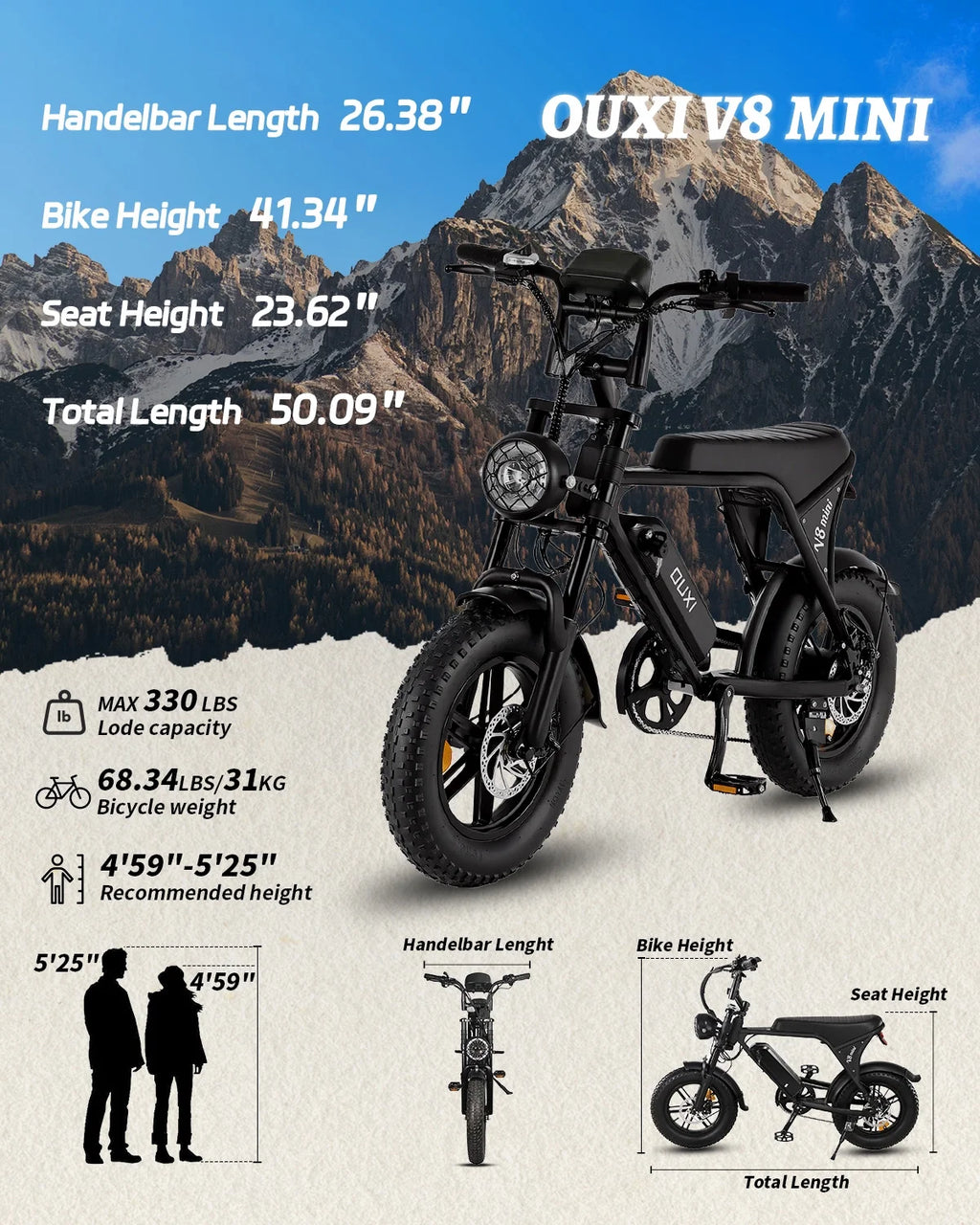 V8 Mini Electric Bike for Adults, 16" Fat Tire Ebike, 500W Electric Bicycle, 36V 10.4Ah, Black E Bike UL2849