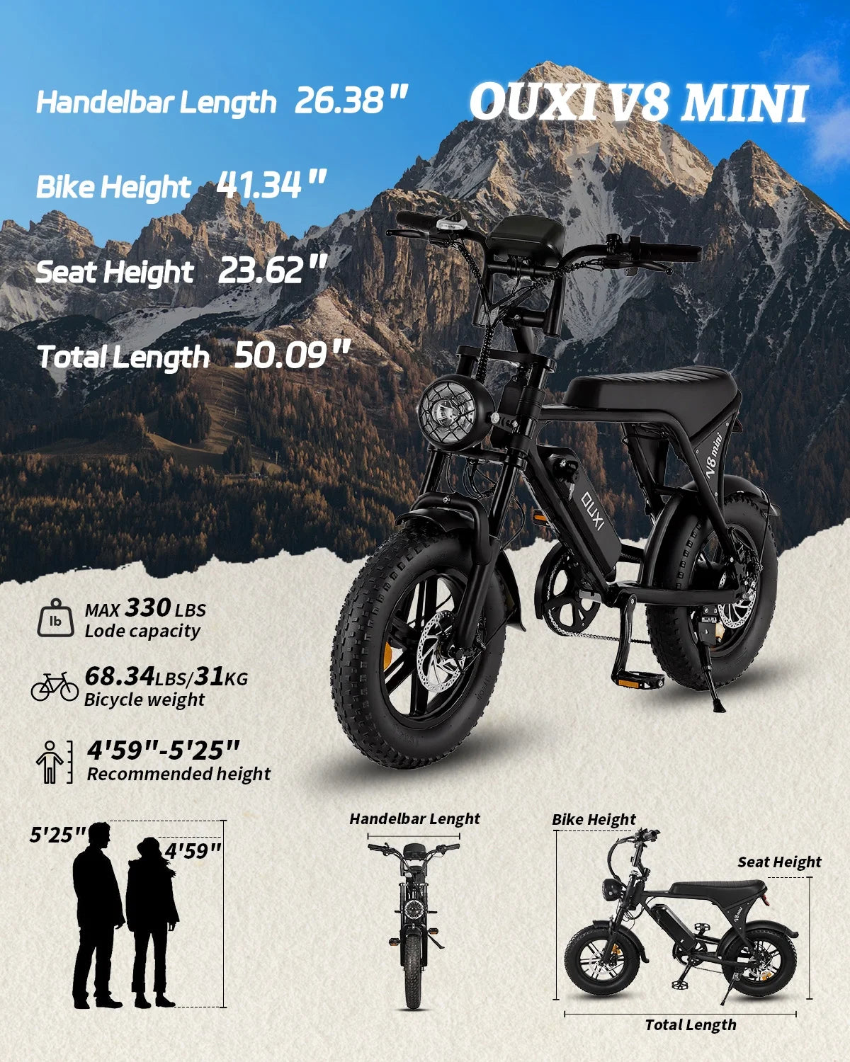 V8 Mini Electric Bike for Adults, 16" Fat Tire Ebike, 500W Electric Bicycle, 36V 10.4Ah, Black E Bike UL2849