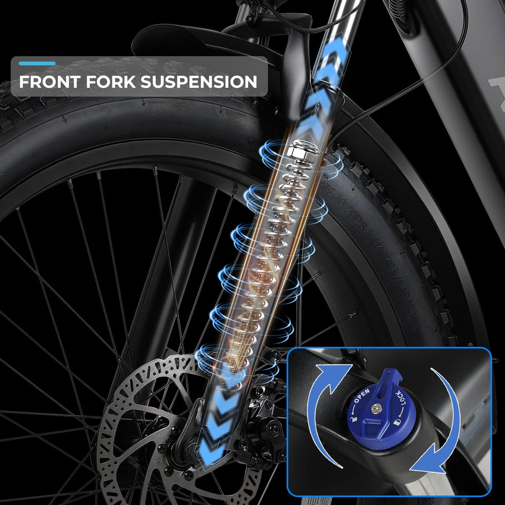 Electric Connection Peak 1000W electric mountain bike with fat tires, 7-speed gears, rear rack, 26-inch wheels, and 48V battery.
