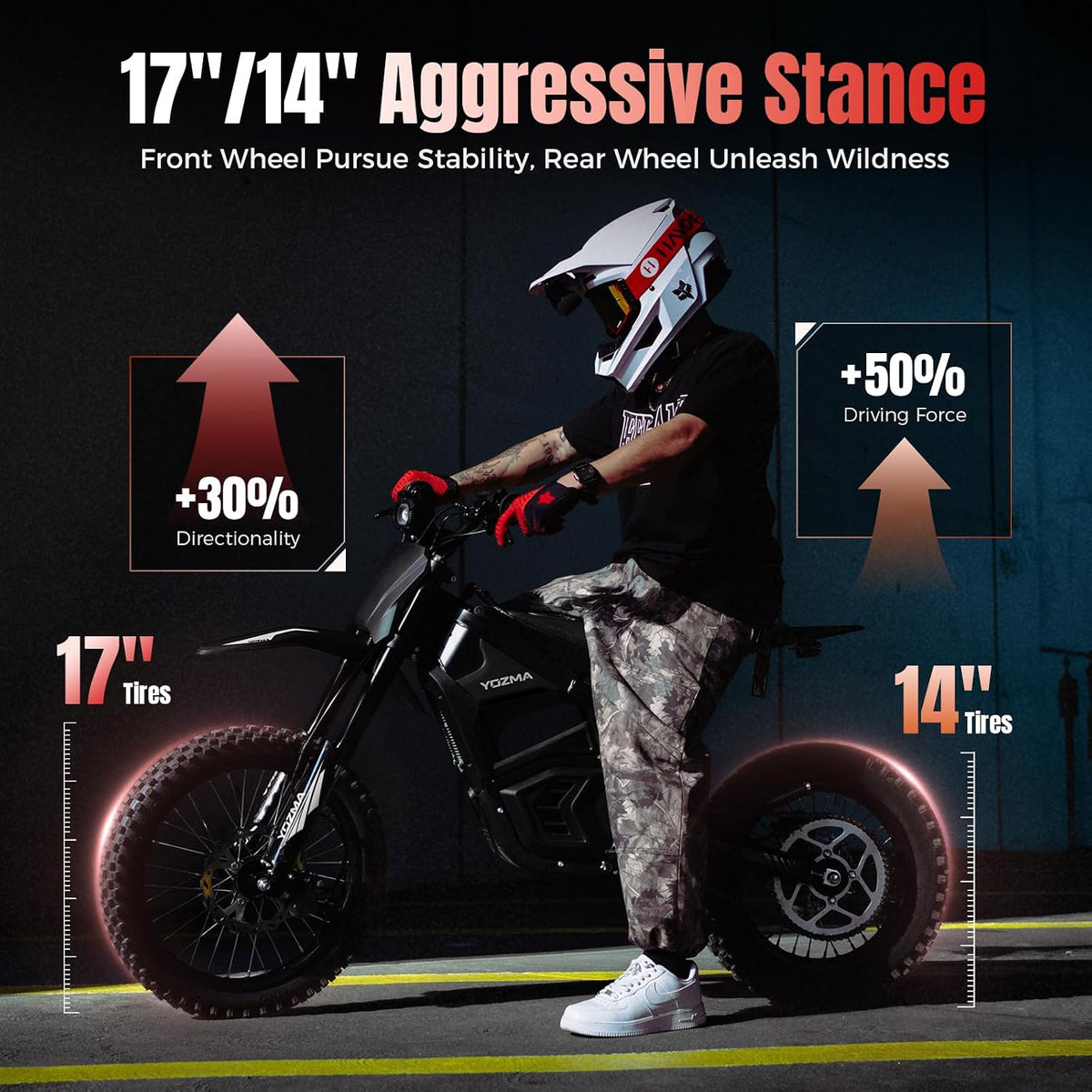 Electric Connection IN10 Pro electric dirt bike with 17/14-inch tires, 5500W motor, hydraulic brakes, and dual shocks for off-road riding