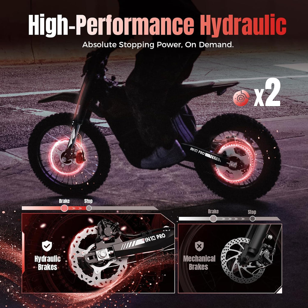 Electric Connection IN10 Pro electric dirt bike with 17" and 14" tires, 5500W motor, hydraulic brakes, and dual shock for off-road riding.