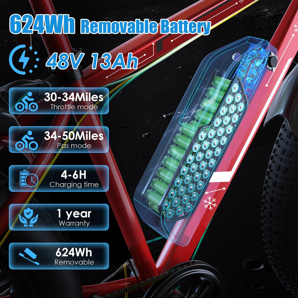 26"X4.0 Fat Tire Electric Bike, 624Wh Battery, 48V 500W Ebike Electric Mountain Bike, Cruise Control Mode, Adult E Bikes for Men, LCD Meter, 7-Speed Snow Bike Beach E-Bike for Adults UL2849