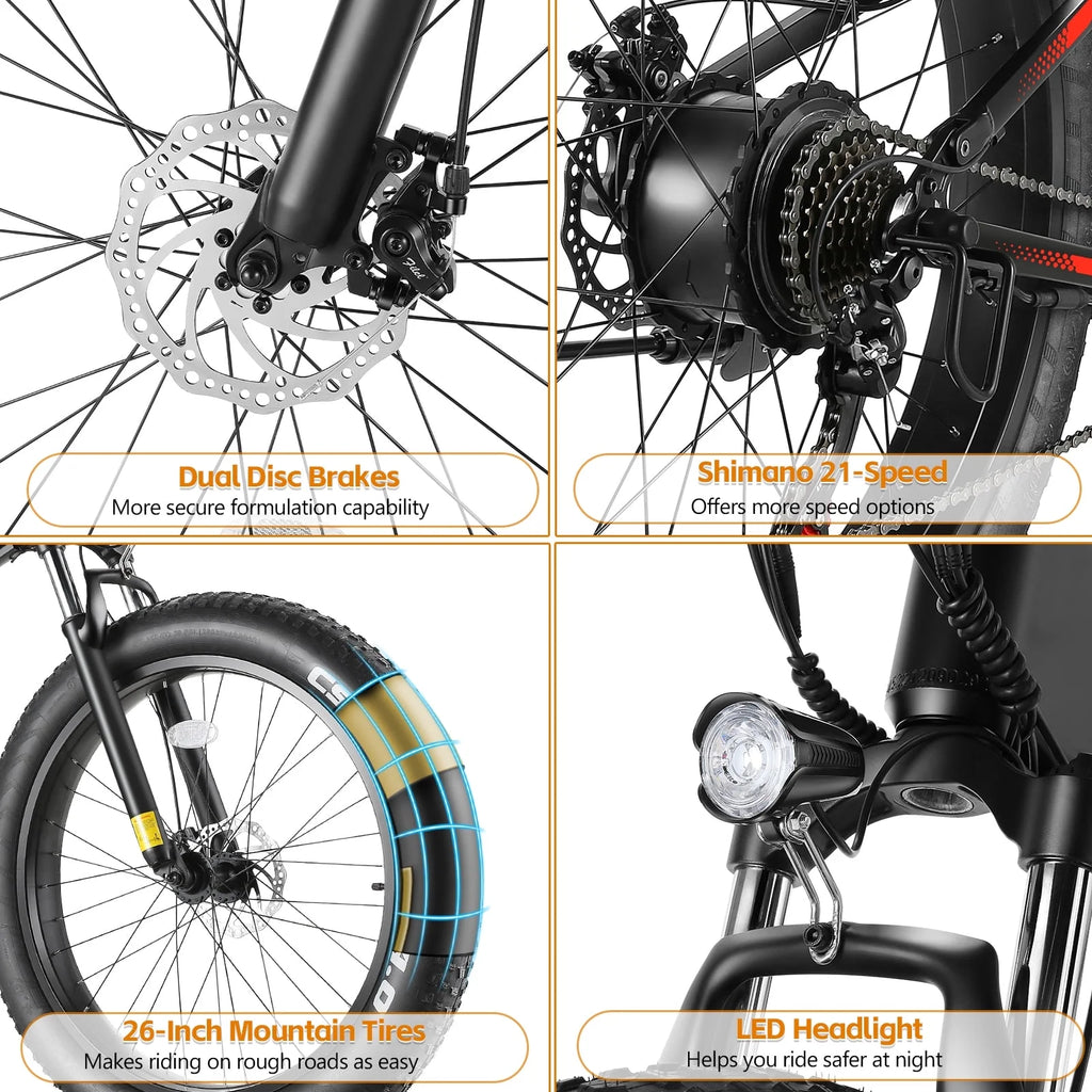 26"X4" Folding Fat Tire Electric Bike, Full Suspensions, 500W Ebike, 5 Riding Modes, 48V 10.4Ah Battery, 21 Speed, LCD, All Terrain E Bike for Adult UL2849