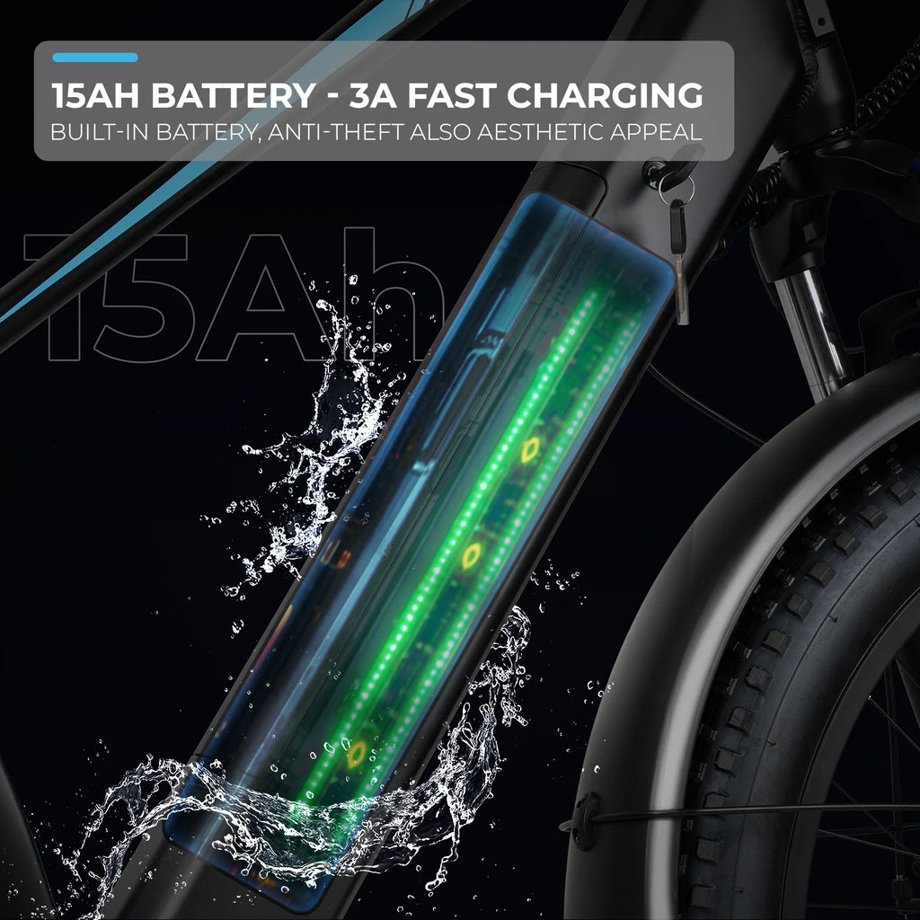 Electric Connection Peak 1000W electric mountain bike with fat tires, 7-speed gears, rear rack, 26-inch wheels, 48V battery, 28MPH.