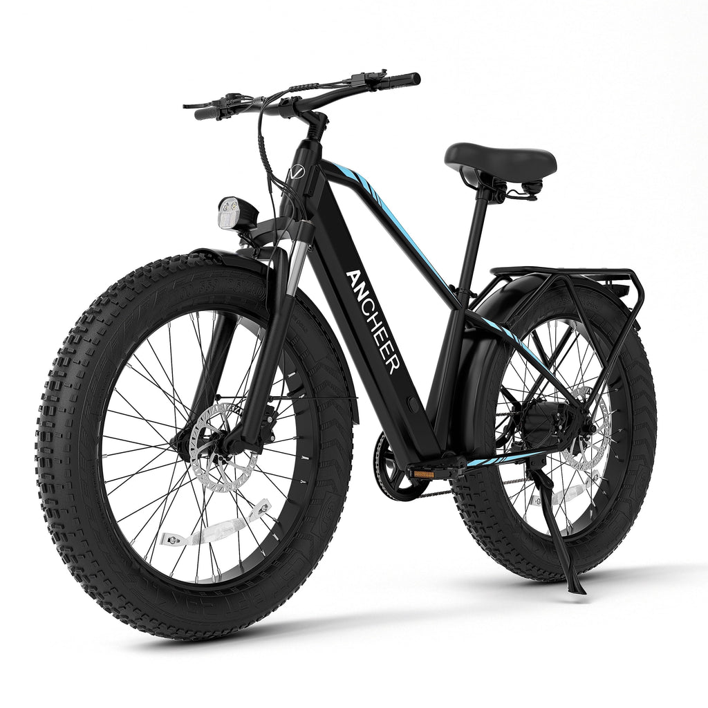 Electric Connection Peak 1000W adult electric bike with fat tires, 7-speed gears, rear rack, 26-inch wheels, 48V battery, mountain style.