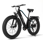 Electric Connection Peak 1000W adult electric bike with fat tires, 7-speed gears, rear rack, 26-inch wheels, 48V battery, mountain style.