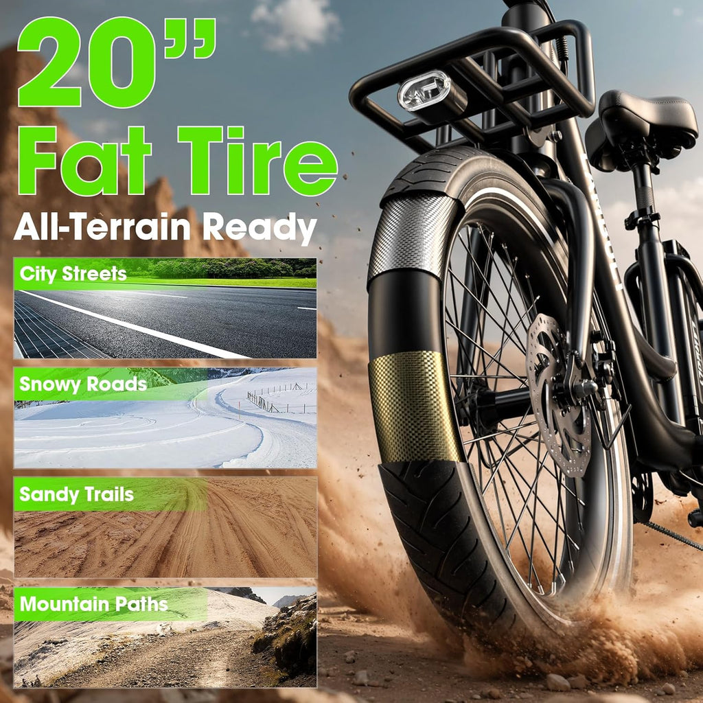 Electric Bike for Adults - 1000W Peak Motor Ebike with 48V15Ah Removable Battery, 20" X 3.0 Fat Tire Step-Thru 7-Speed Commuter Electric Bicycle, up to 24 MPH, 70 Miles Range, UL 2849 Certified.