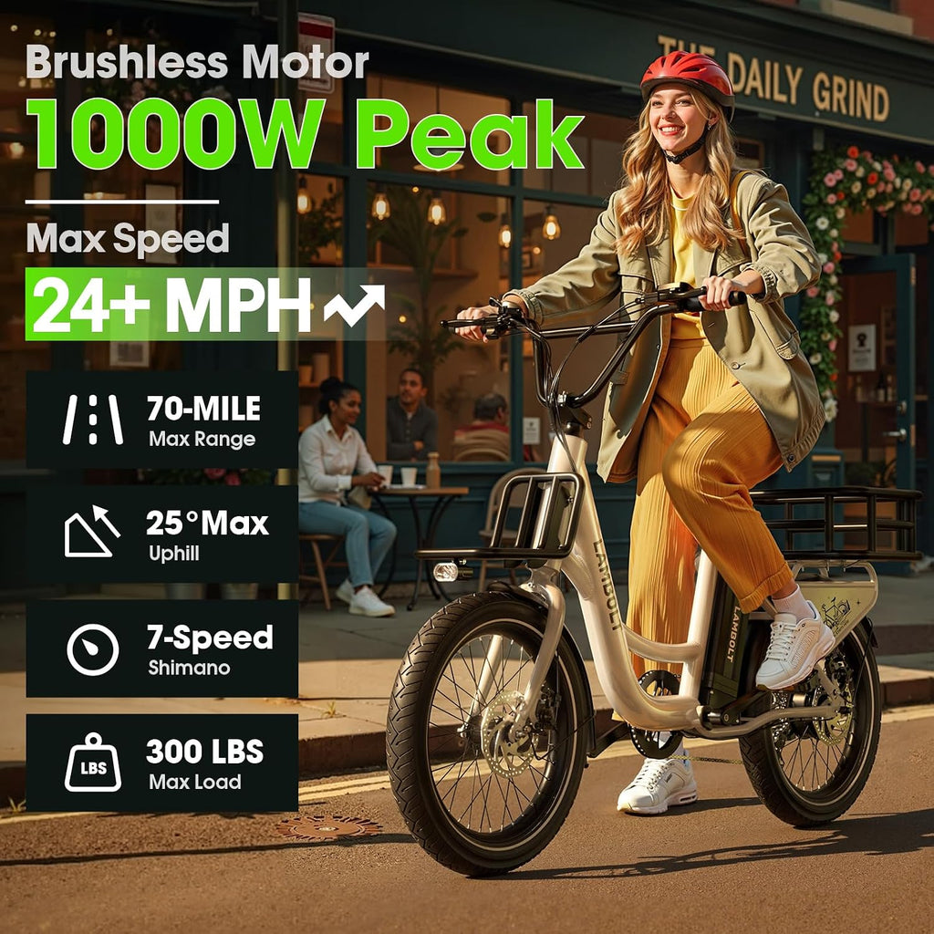 Electric Bike for Adults - 1000W Peak Motor Ebike with 48V15Ah Removable Battery, 20" X 3.0 Fat Tire Step-Thru 7-Speed Commuter Electric Bicycle, up to 24 MPH, 70 Miles Range, UL 2849 Certified.