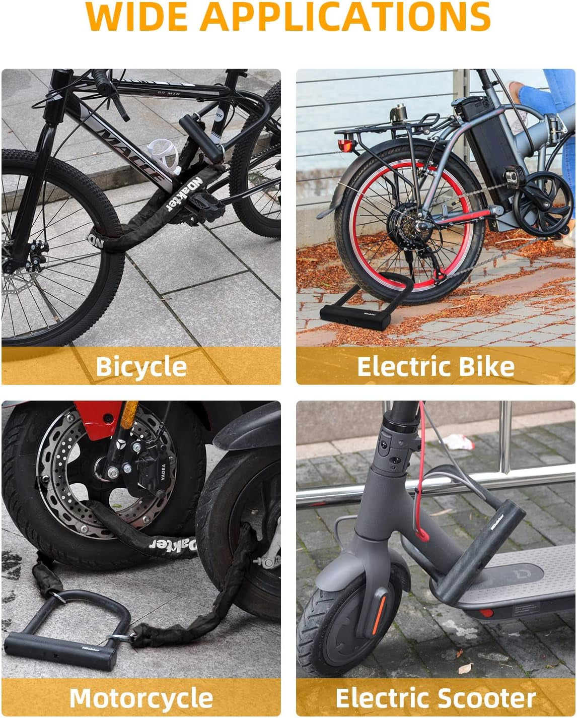 Bike Locks Heavy Duty anti Theft 18Mm Thick, Motorcycle U Lock with 4FT X 6Mm Security Chain, 3Keys Large U-Shape Electric Bicycle Wheel Lock for Ebike, Escooter, Fat-Tire Dirt-Bike, Tricycle
