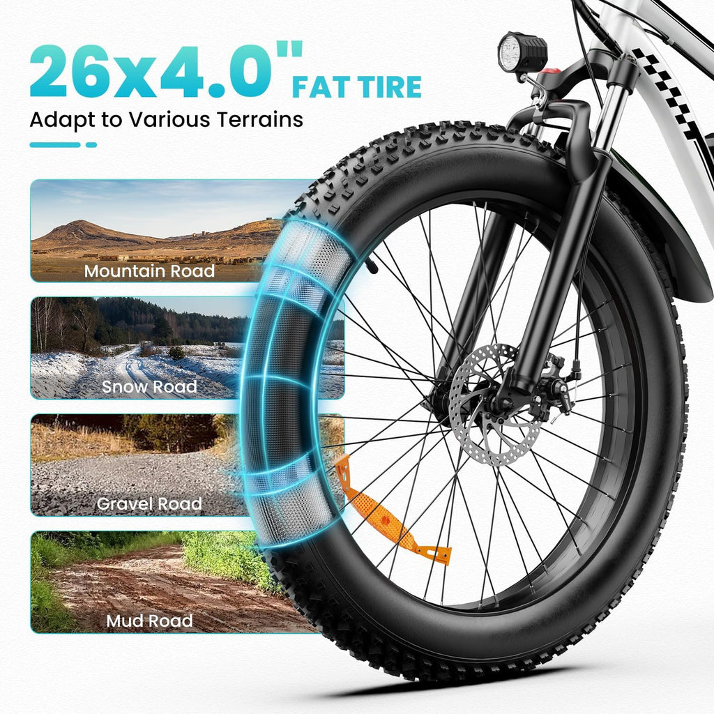 EB26 26" Electric Bike for Adults, 1500W Fat Tire Ebike | 1500W Motor, 48V 15Ah Removable Battery, 26"X4" Fat Tire, Max 28 MPH, 60Mile, LCD Display,Usb Charging, Headlight & Taillight