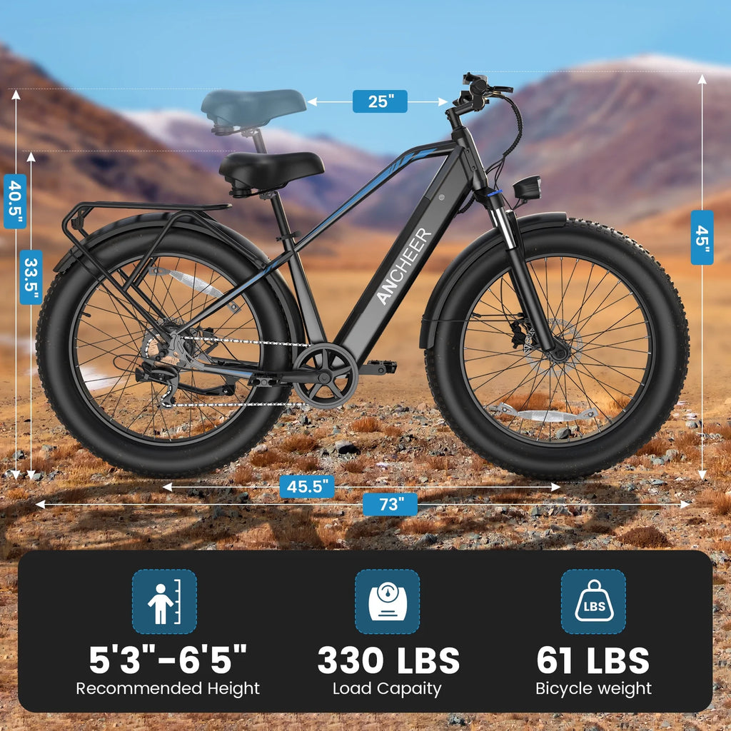 Electric Connection Peak 1000W electric mountain bike with fat tires, 7-speed gears, rear rack, 26-inch wheels, and 48V battery