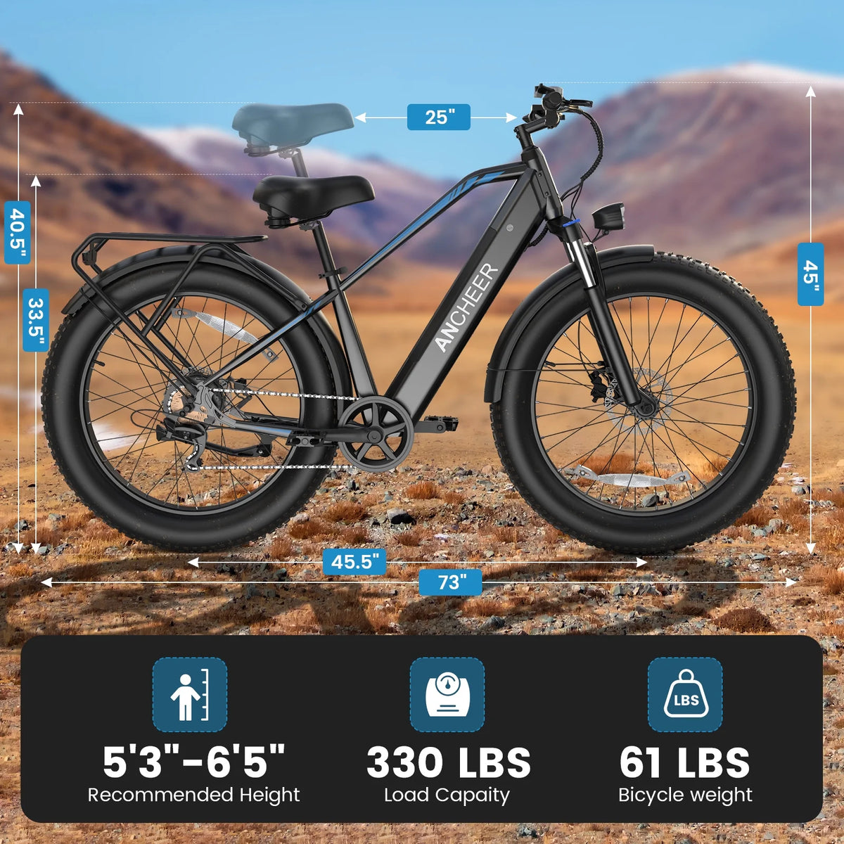 Electric Connection Peak 1000W electric mountain bike with fat tires, 7-speed gears, rear rack, 26-inch wheels, and 48V battery