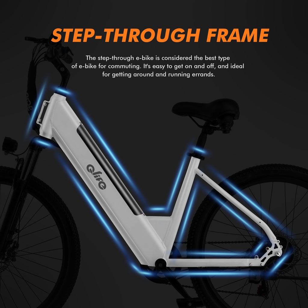 Silver Cityone electric bike for adults with 26-inch step-through frame, 20MPH top speed, 750W motor, 7-speed gears, and 2.1-inch tires.