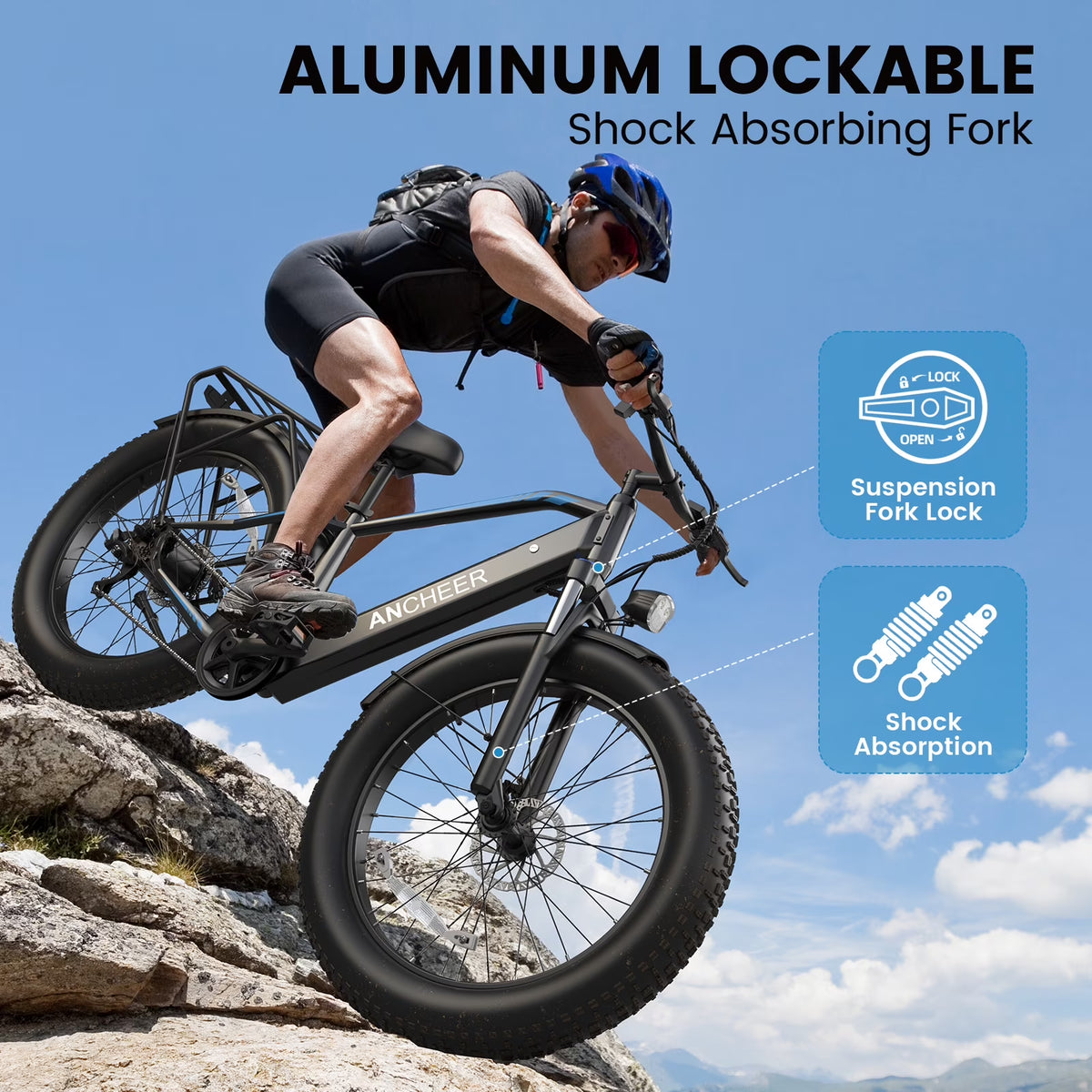Electric Connection Peak 1000W electric mountain bike with 26" fat tires, 7-speed gears, rear rack, 48V battery, and 28MPH speed.