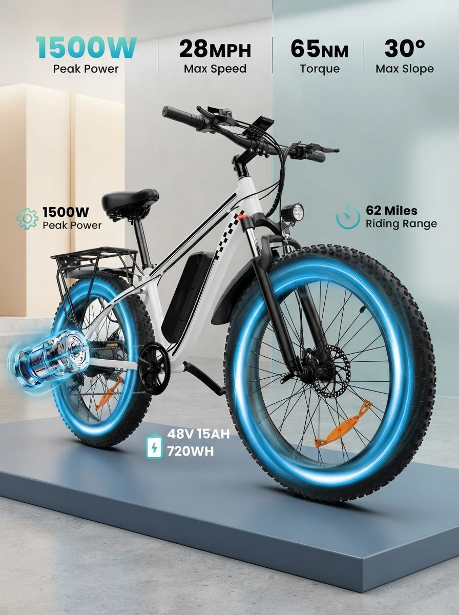 A 1500W electric fat tire bike with a 26-inch frame displayed in a professional studio setting against a modern, clean backgr